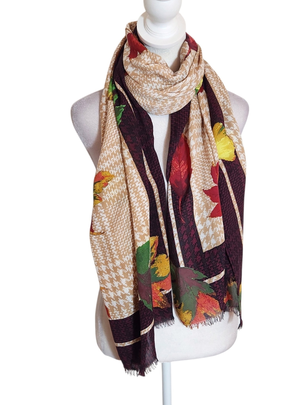 Talbots Fall Leaf Print Lightweight Houndstooth Scarf with Raw Edge